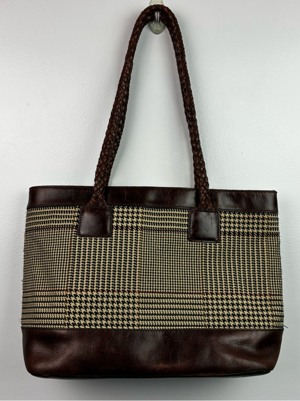 Lauren Ralph Lauren Vintage Houndstooth & Leather Tote Bag